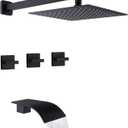 3 Handles Tub Shower Faucet,Shower Faucet Set with Waterfall Tub Spout,Shower Trim Kit with Valve,Wall Mounted,Matte Black