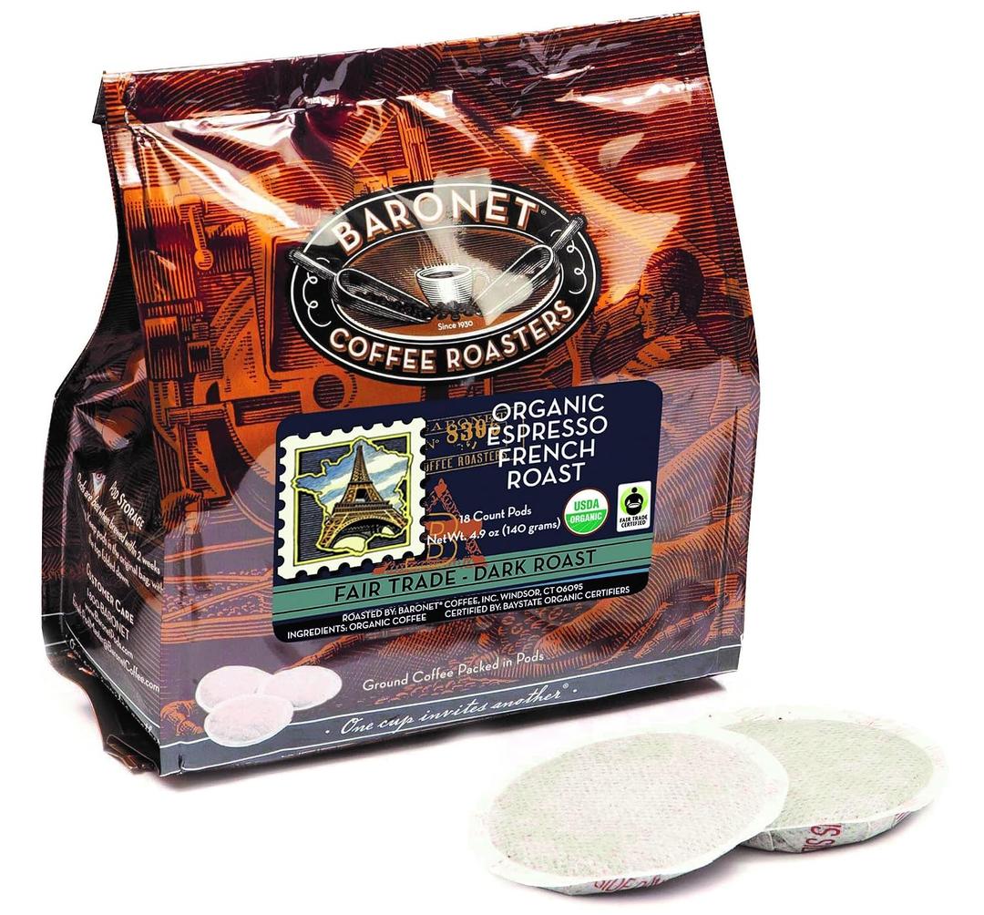 Baronet Coffee 8 Gram Coffee Pods, Organic Espresso French Roast, 54 Pods | Dark Roast, 100% Arabica Coffee, Regular Strength, 3 Bags of 18 Single Serve Pods, Compatible with Senseo Coffee Machines (EXP 12/18/27)