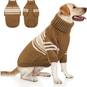 Queenmore Dog Striped Knitted Sweater, Turtleneck Pullover Pet Coat, Dog Winter Clothes with Leash Hole for Small Medium &Large Dogs(Brown,2XL)