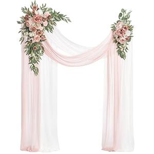 Ling's Moment Pink Artificial Wedding Arch Flowers Kit Pack of 4, 2pcs Hanging Flower Arrangement 2pcs Chiffon Drapes Ceremony Reception Spring Silk Rose Arbor Backdrop Floral Garden Outdoor Decor