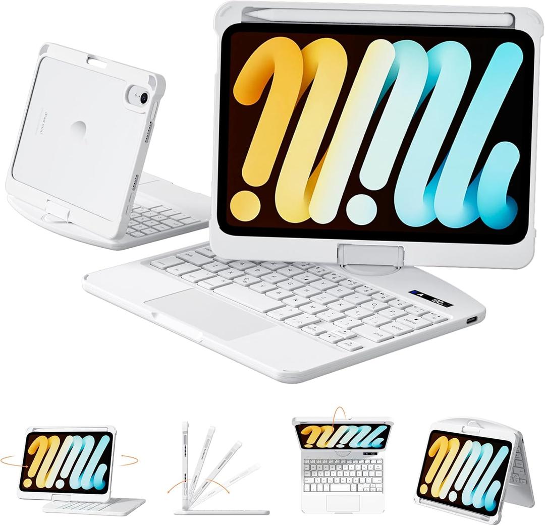 Transparent Case with Keyboard for iPad mini 7 A17 Pro(2024) & Mini 6 (2021) 8.3 inch,7-Color Backlit,Wireless Keyboard, 360Rotating,with trackpad,Pencil Holder,with Shortcuts,White