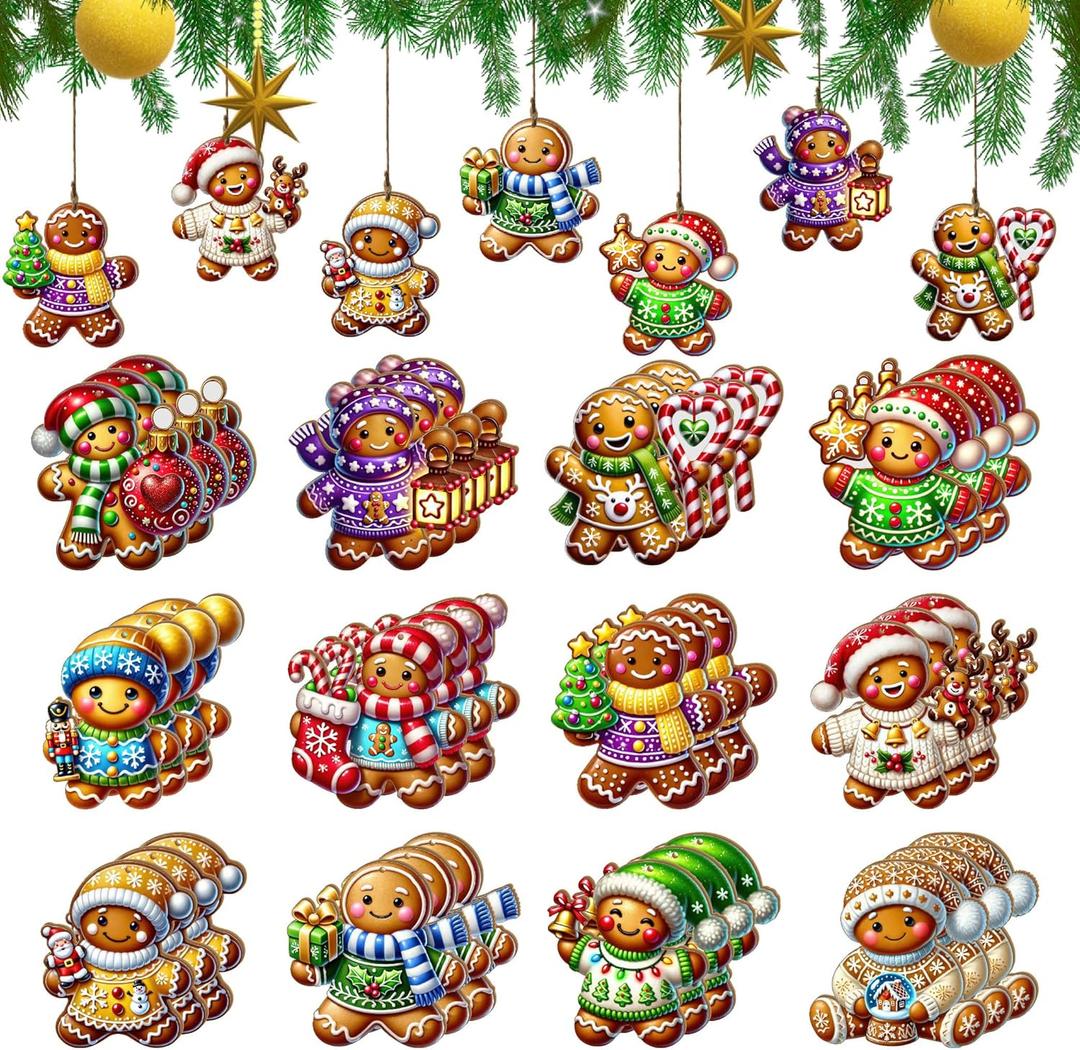36PCS Wooden Gingerbread Man Ornaments - 12 Unique Festive Designs for Christmas Tree & Holiday Decor