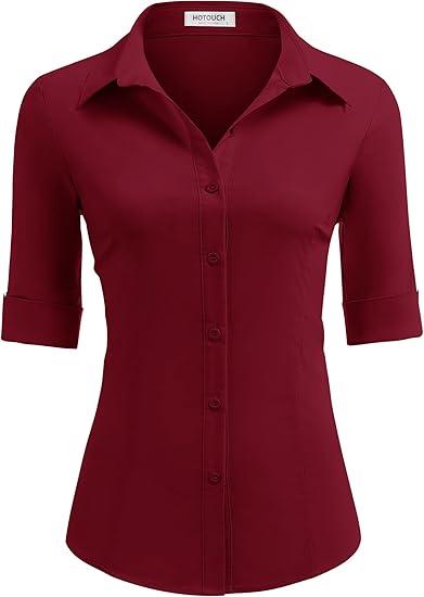 Women's Basic Button Down Shirts Sleeve Stretch Button Up Dress Shirt Slim Fit Waitress Work Shirts, M, Wine Red