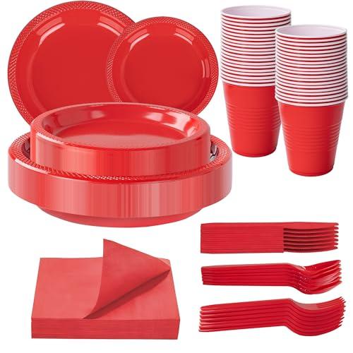 WELLIFE 210 PCS Red Plastic Plates for 30 Guests - Disposable Dinnerware Set Including Dinner Plates, Dessert Plates, 12oz Cups, Cutlery & Napkins, Red Disposable Plates for Valentines