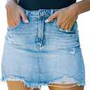 GOBLES Women's Sexy Mid Waist Zipper Closure Frayed Raw Hem Ripped Mini Denim Skirts (Large, Blue)