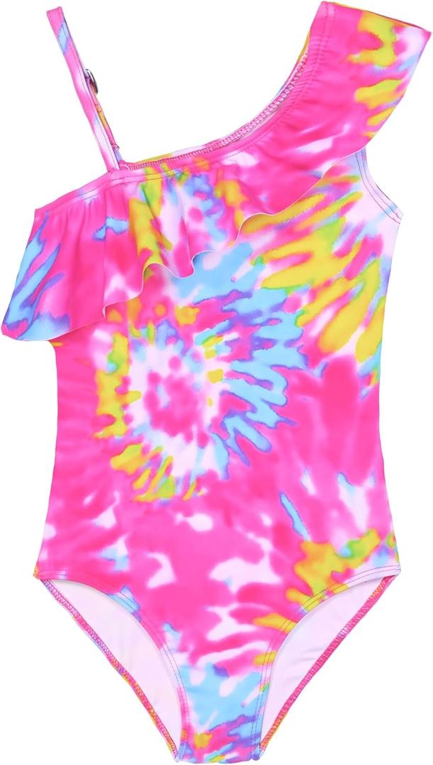 Snowheart Girls Swimsuit Adjustable Shoulder Strap UPF50+ One-Shoulder Ruffle Bathing Suit 3-12T (Pink Graffiti)