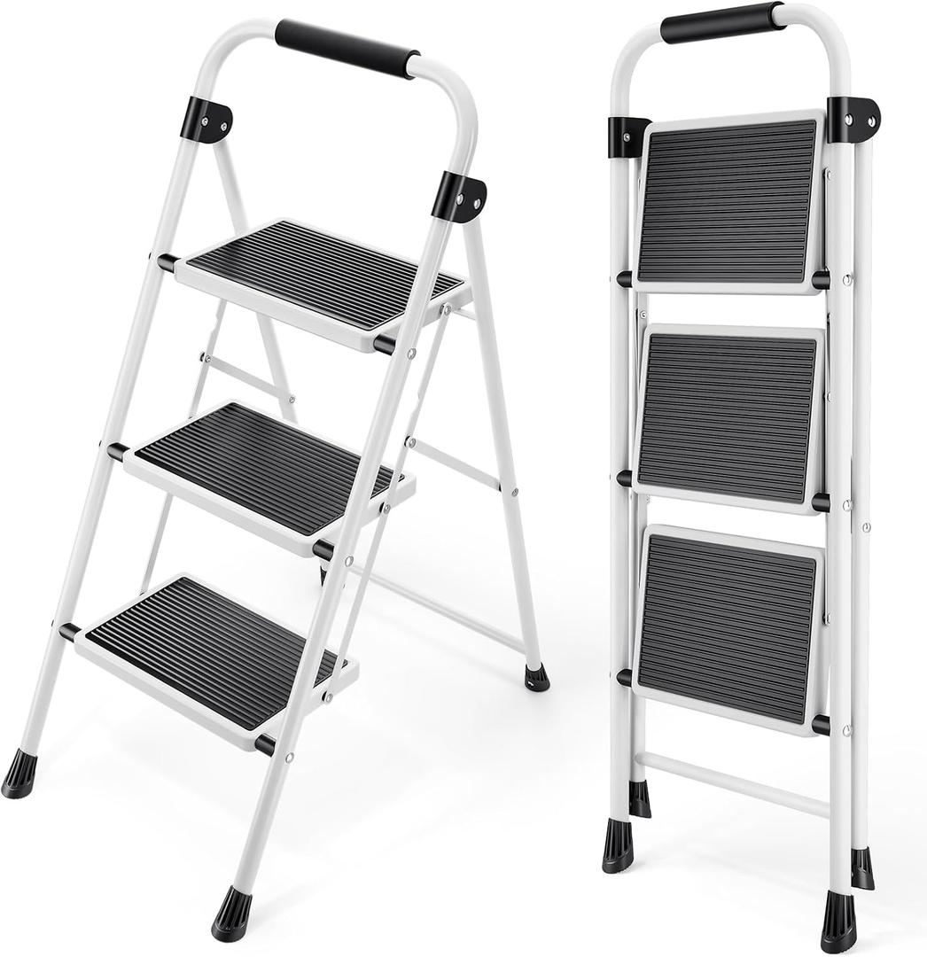 Step Ladder, Folding Step Stool with Wide Anti-Slip Pedal, Sturdy Steel Ladder, Convenient Handrail, Lightweight, Portable Steel Step Stool (White)
