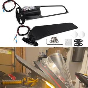 XINGWU Motorcycle Wing Mirrors with LED Turn Signal Adjustable Rotating Stealth Mirrors Rearview Mirror Side Mirrors Amber Light for Ninja Honda Yamaha Suzuki, Black, M11150001307