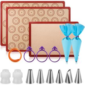 Macaron silicone baking mats - Macaroon Baking suppliers 1 Quarter Sheet + 2 Half Sheet Macaron Baking Mat,Macaron Baking Sheet,2 Piping Pastry Bag with Bag Tie,6 Piping Tips (White)
