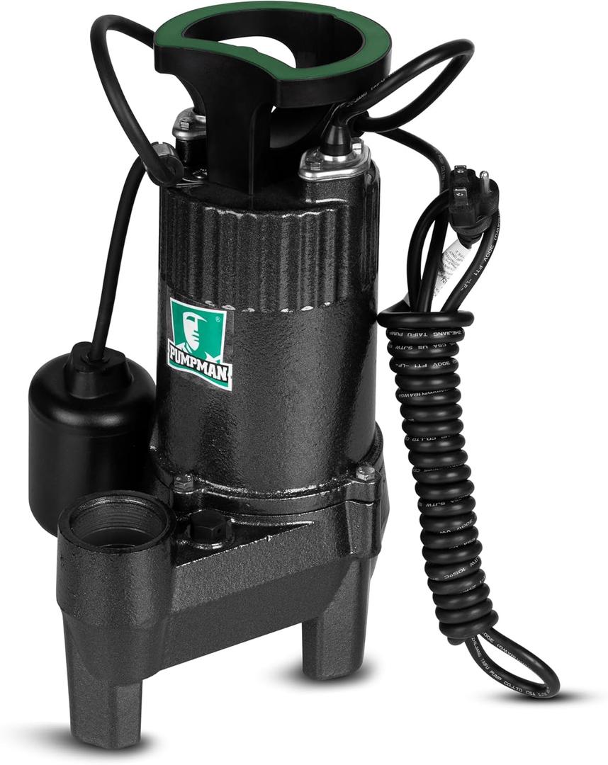 1/3HP Submersible Sewage Effluent Pump, Cast Iron Construction Utility Pump, 23FT 3300 GPH Automatic Float Switch, Sump Pump for Basement, Residential Sewage,120V