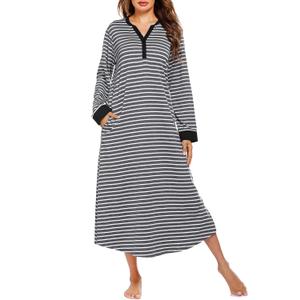 Ekouaer Womens Nightgown Long Loungewear V Neck Nightshirt Sleepwear Full Length Sleepshirt with Pockets (X-Large, Grey White Striped)
