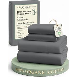 LANE LINEN 100% Organic Cotton Full Size Sheets, Hotel Like Crisp Percale Low Pill Fade Resistant Reinforsed Seam Cotton Sheets, Naturally Cooling 15" Deep Pocket Full Bedding Set- Charcoal