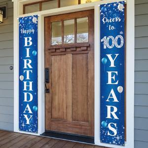 Happy 100th Birthday Yard Sign Door Banner - Cheers to 100 Years Birthday Party Decorations Supplies for Men Women - Blue