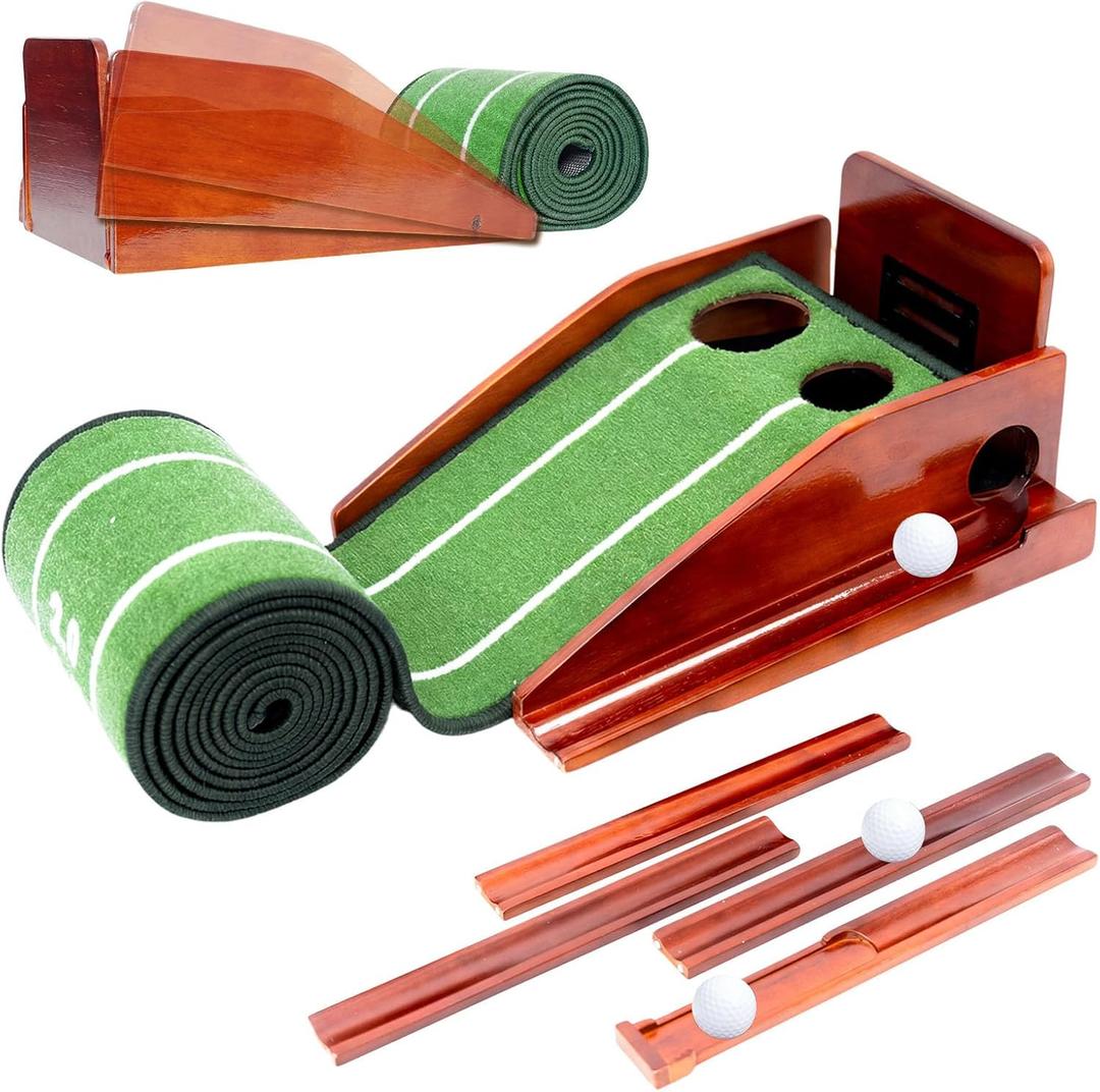 Golf Putting Green Indoor - Practice Uphill Putts, 3-Level Adjustable Incline, Auto Ball Return and Foldable Solid Wood Base, Golf Training Aid for Home, Office, Backyard - Golf Putting Mat