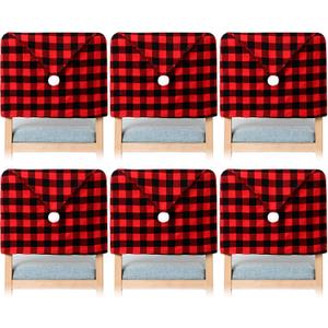 Queekay 6 Pieces Christmas Chair Back Covers Santa Hat Buffalo Plaid Christmas Dining Chair Protector Elastic Gingham Cover for Dining Kitchen(Black Red)