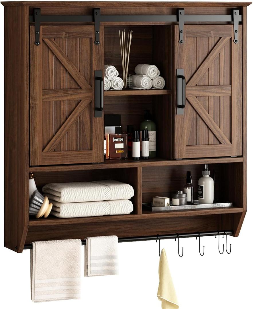 RUSTOWN Farmhouse Bathroom Wall Cabinet,3-Tier Rustic Wood Wall Mounted Cabinets,Vintage Medicine Cabinet with Sliding Barn Door and Adjustable Shelves,Over The Toilet Storage Cabinet (Dark Walnut), 7.9"D x 31.5"W x 30.7"H