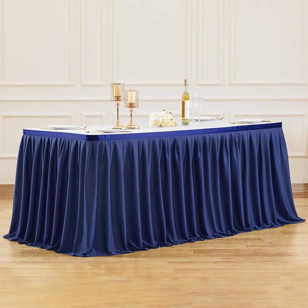 Partisky Navy Blue Polyester Table Skirt for Rectangle Tables 6ft, Wrinkle Resistant Pleated Ruffle Table Cloth for Banquet Wedding Display Dining Table