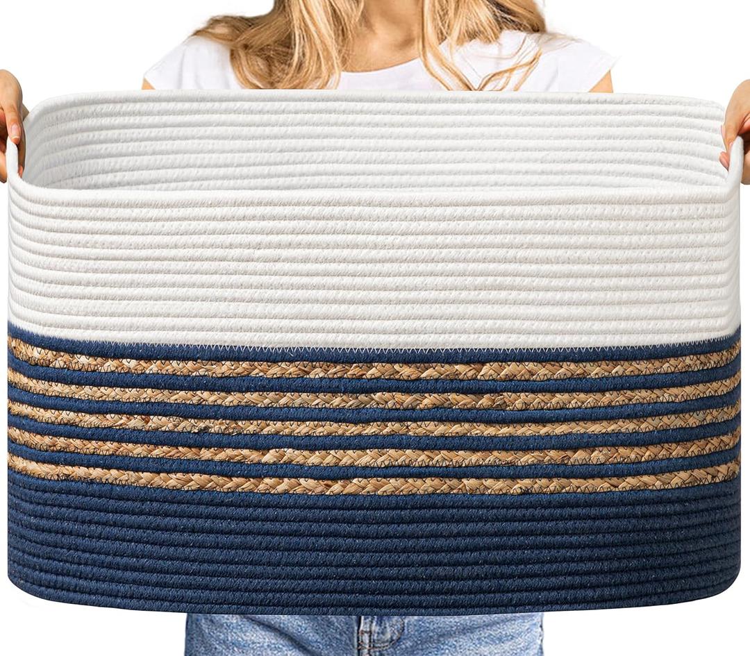 UBBCARE Blanket Basket, Large Rectangle Woven Storage Basket With Handles, Cotton Rope Toy Basket for Living Room, Nursery Baskets for Organizing, 22''L17''W12''H, Navy Blue