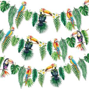 Tropical Banner Hawaiian Garland 2 Pack 6.6FT, Luau Party Decorations, Hawaiian Decorations with Palm Leaves & Parrot Tropical Birds Theme, Waterproof Garland for Summer Beach Pool Party Birthday Outdoor Décor