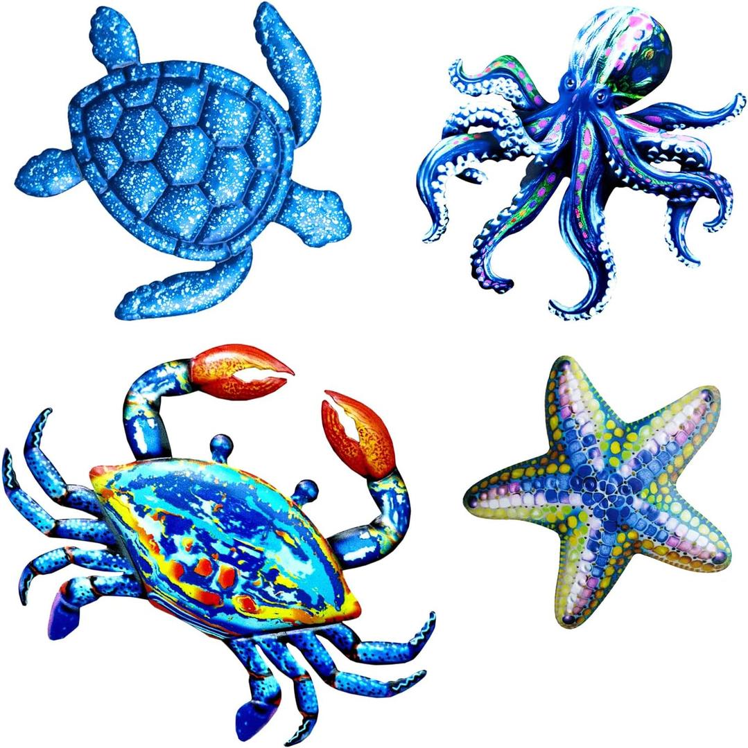 Metal Ocean Wall Sculptures Outdoor Indoor Nautical Metal Wall Art Decor Blue Sea Turtle Crab Octopus and Starfish Wall Decor Outdoor Wall Art for Garden Pool Patio Balcony Kitchen or Bathroom