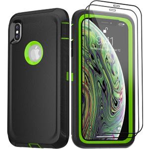 Case for Apple iPhone X/XS Case with 2 Screen Protector, Heavy Duty Full Body Shockproof Military Grade Cover, 3 in 1 Drop Protection Phone Case 5.8" [Black+Green]