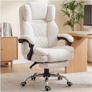 GTPLAYER Big and Tall Office Chair with Pocket Spring Cushion & Ergonomic Lumbar Support for Lower Back Pain Relief, High Back Computer Gaming Chair with Foot Rest, Comfy Teddy Fleece, White, Large