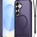 RMOCR for Samsung Galaxy S25 Plus Case with Screen Protector+Lanyard Wrist Strap,Magnetic Translucent Matte Rugged Slim Phone Cover Built in Invisible Kickstand Fit for MagSafe,2025 Purple