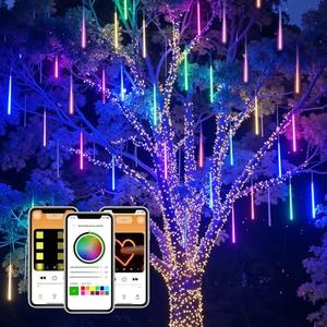 SmartDawn Smart Meteor Shower Rain Lights, 8Tube 128LED 11.48ft Color Changing Icicle Christmas Lights Outdoor Outside, APP Controlled RGB Customize Display DIY Dynamic Lighting Effect