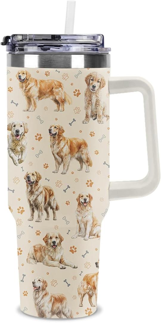 Golden Retriever Tumbler Gift, 40 oz Insulated Stainless Steel Tumbler with Handle and Straw, Double Wall Vacuum Travel Mug with Lid