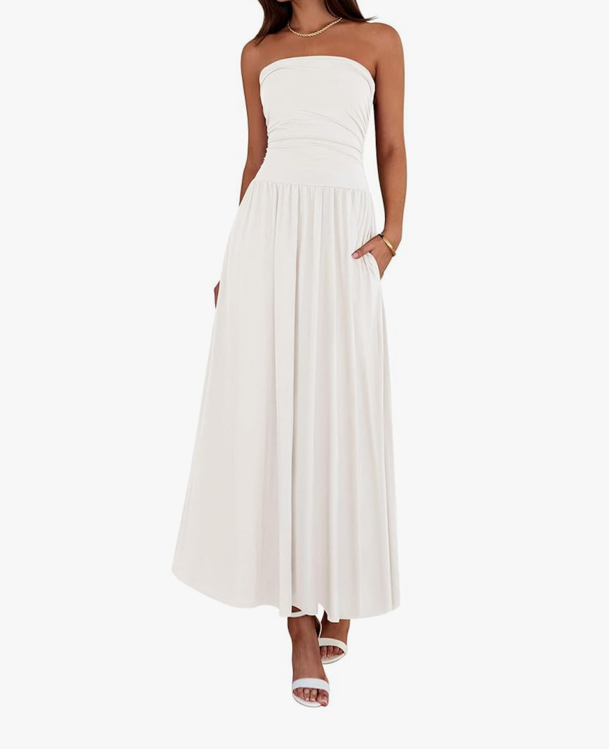 BTFBM Summer Maxi Dresses for Women 2025 Strapless Ruched Tube Top Flowy Beach Vacation Wedding Guest Dress Pockets S