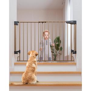 Cumbor 29.243" Baby Gate for Stairs, Wall-Mounted (Drill Required), Expandable No Bottom Bar Dog Gate, Auto Close Extra Wide Walk Thru, Pet & Toddler Proof Gate, Top & Bottom of Stairways (Brown)