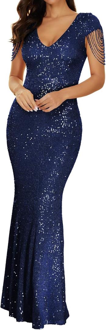 Women 1920s Plus Size Formal Dress Tassels Sleeve Sequins Gatsby Maxi Evening Gown (Medium, Blue)