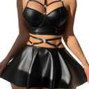 Sexy Strappy Leather Underwire Mini Choker Lingerie Set Skirts Dress with Thong 3 Piece Outfits (Medium, Matte Black)