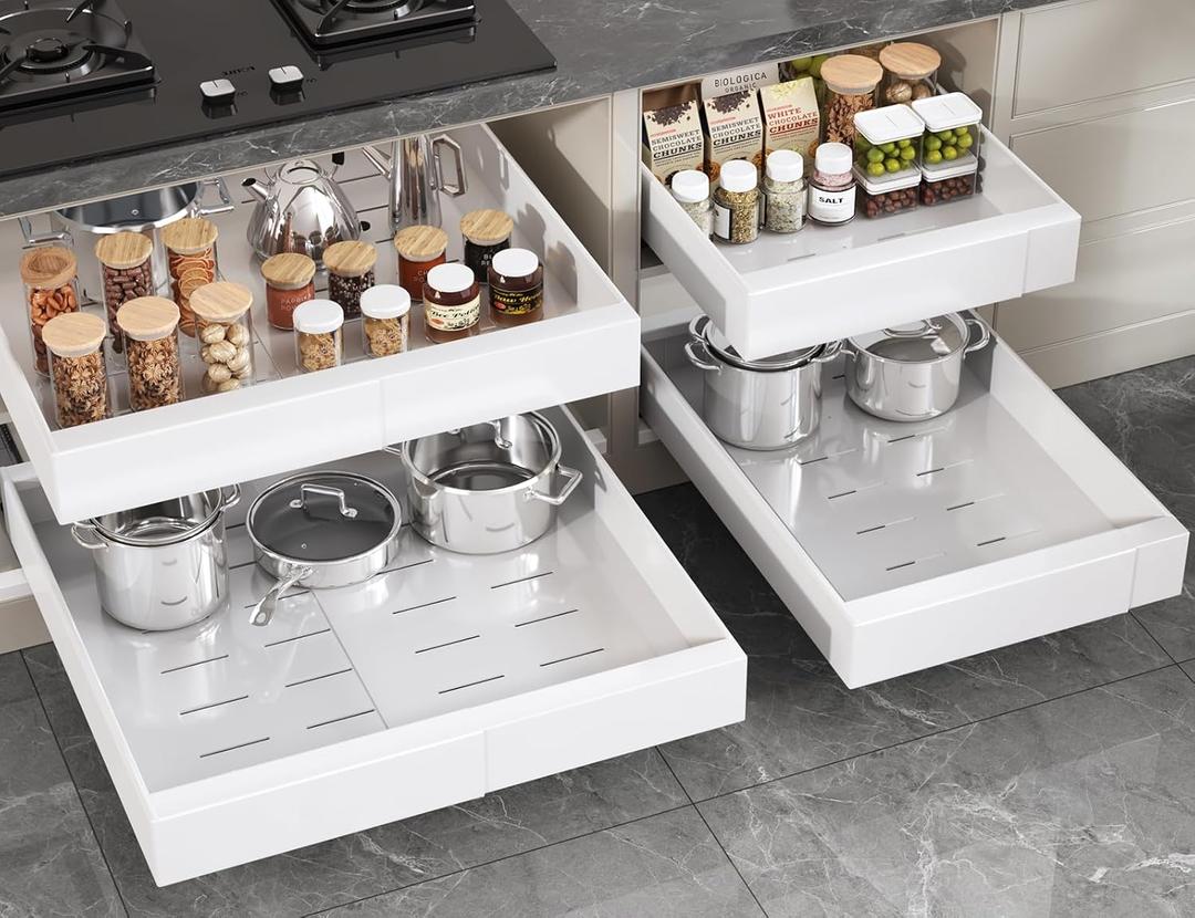 4 Pack Pull Out Cabinet Organizer 22" Deep,Full Extension 3 Slide Rails Slide Out Drawers With Raising Pad for Framed Cabinets,Expandable Width (12.3"-20.5"),No Drill Roll Out shelf,White