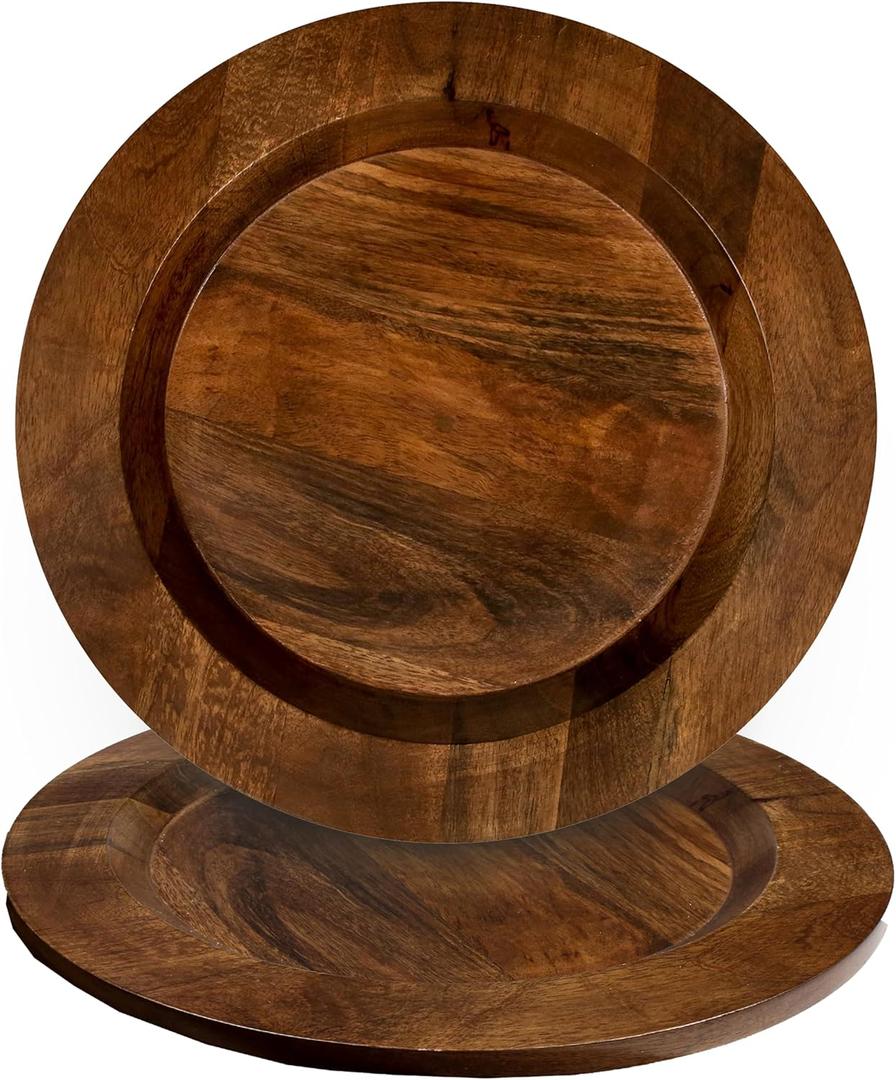 CLEENTABLE Wooden Chargers Plates Set of 2-13" Serving Dinner Plate for Weddings, Parties, Rustic Table Decor, Indoor Outdoor Dining - Lightweight Round Appetizer Plates (Walnut)
