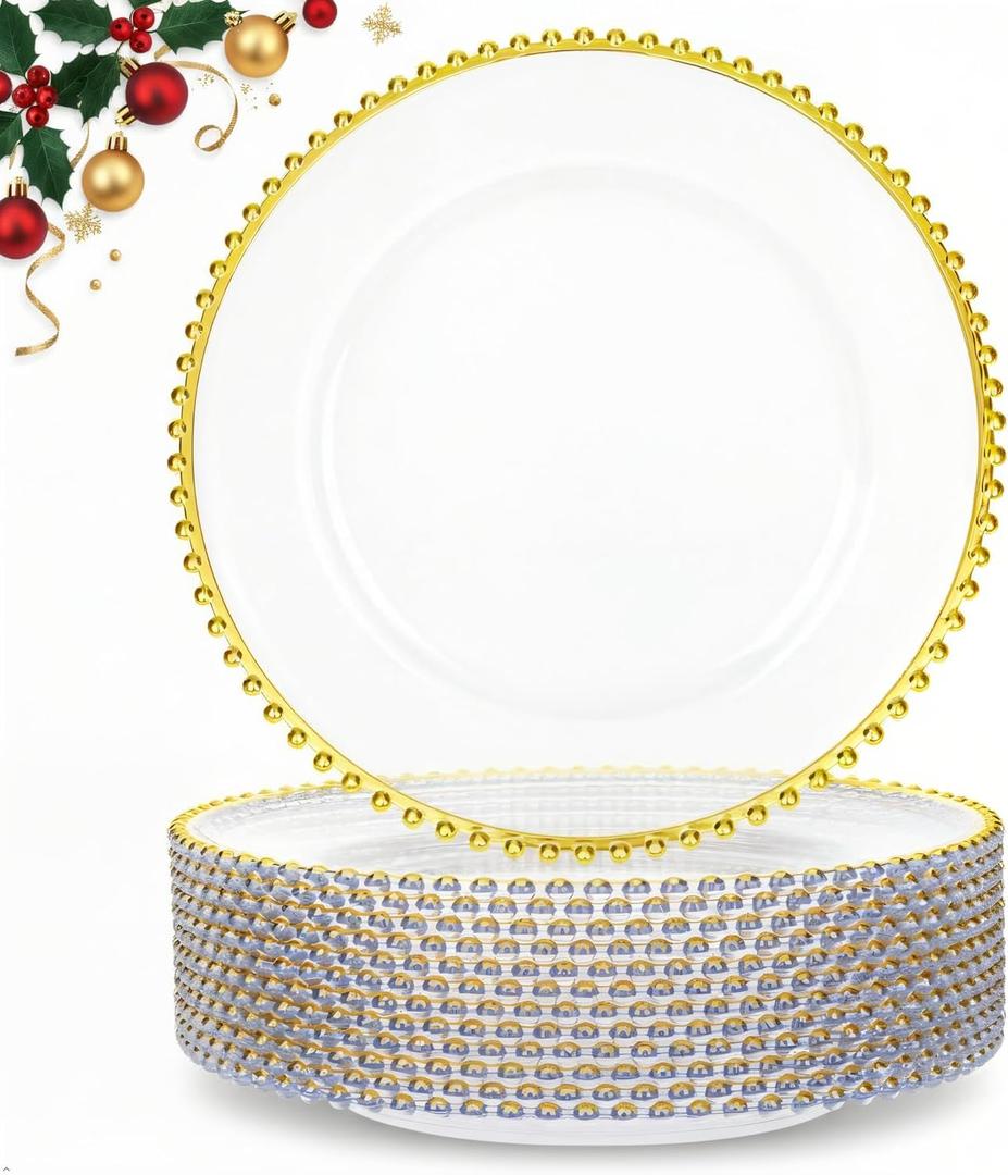 supernal 12pcs Clear Charger Plates Plastic Gold Chargers With Beaded Rimmed 13Inch Set of 12 Premium Plastic Dinnerware for Dinner Plates Suitable For Wedding,Christmas Party,Birthday,Mother's Day