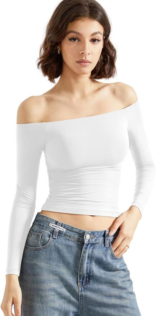 SUUKSESS Women Off Shoulder Double Lined Long Sleeve Shirts Basic Going Out Tops (Medium, Snow White)