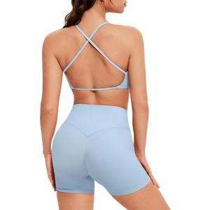 OMKAGI Workout Sets for Women Open Back Strappy Sports Bra Booty Biker Shorts Gym Outfits (Small, Baby Blue)