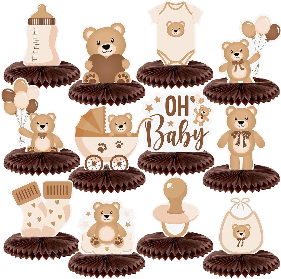 Bencailor 12 Pcs Bear Baby Shower Honeycomb Centerpieces Neutral Cream Bear Baby Shower Table Decorations Birthday Party Table Centerpieces Toppers(Brown)