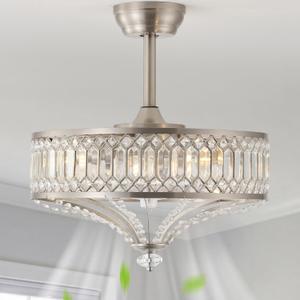 20'' Silver Crystal Fandelier Ceiling Fan with Light Remote, Modern Chandelier 6 Speed, DC Motor for Bedroom, Living Room, Girl Room
