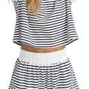 MISSACTIVER 2 Piece Lounge Set Women Stripe Knit Short Sleeve Tee Shirts Shorts Casual Summer Loungewear Shorts Sets (White, M)