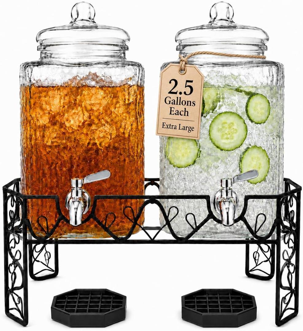 Dual 2.5 Gallon Glass Beverage Dispenser Set with Stainless Steel Spigots, Metal Stand & 2 Drip Trays – Hammered Mason Jar Style Drink Dispensers for Parties, Water, Iced Tea, Lemonade & More
