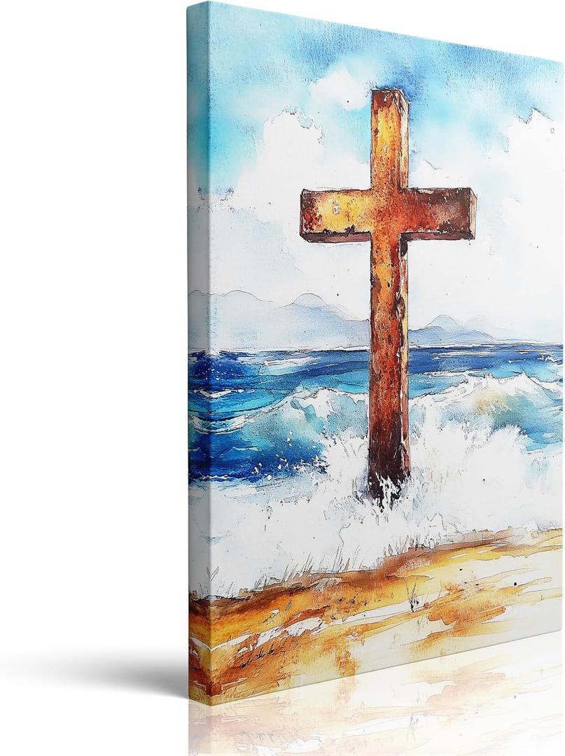 Rusted Cross on Beach Canvas Wall Art Framed Print Painting Christian Spiritual Coastal Wall Decor Artwork Poster Serene Ocean Waves Scene for Home Office Prayer Room Faith Based Decor 12x16 Inches