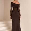 Women One Shoulder Long Sleeve Maxi Dress Bodycon Cut Out Long Formal Wedding Guest Dresses (Brown, M)