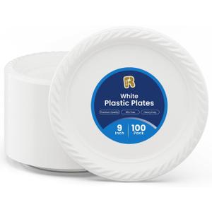 R-kay 100 Pack 9 Inch Plastic Plates Disposable - Heavy Duty 9 Inch White Disposable Plates - Microwavable Disposable Plastic Plates