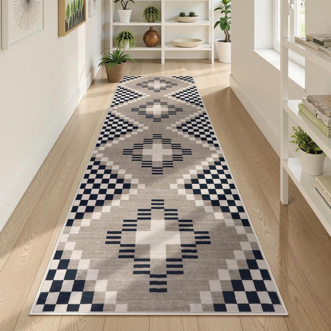 Beeiva Boho Checkered Hallway Runner Rug 8ft, Ultra Thin Black Kitchen Runner Rugs Non Skid Washable 8 ft, 2.5x8 Farmhouse Stain Resistant Floor Carpet for Hallways Entryway Bedroom, Black