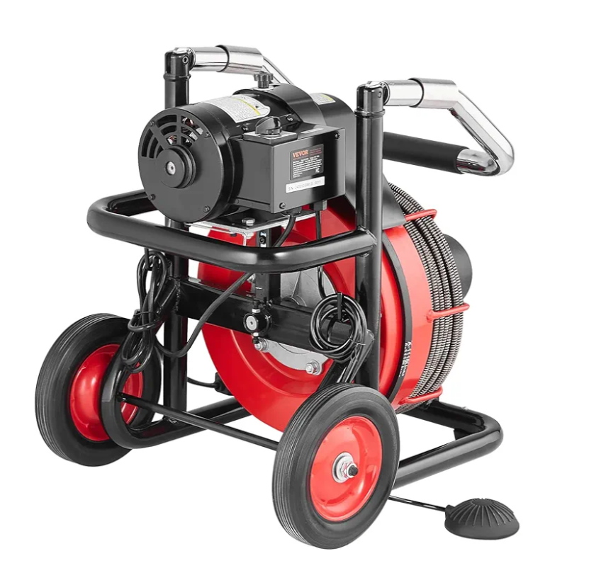 VEVOR 100 FT x 1/2 Inch Drain Cleaner Machine, Sewer Snake Auger Auto Feed with 4 Cutter & Air-activated Foot Switch for 2" to 4" Pipes, Orange, Black