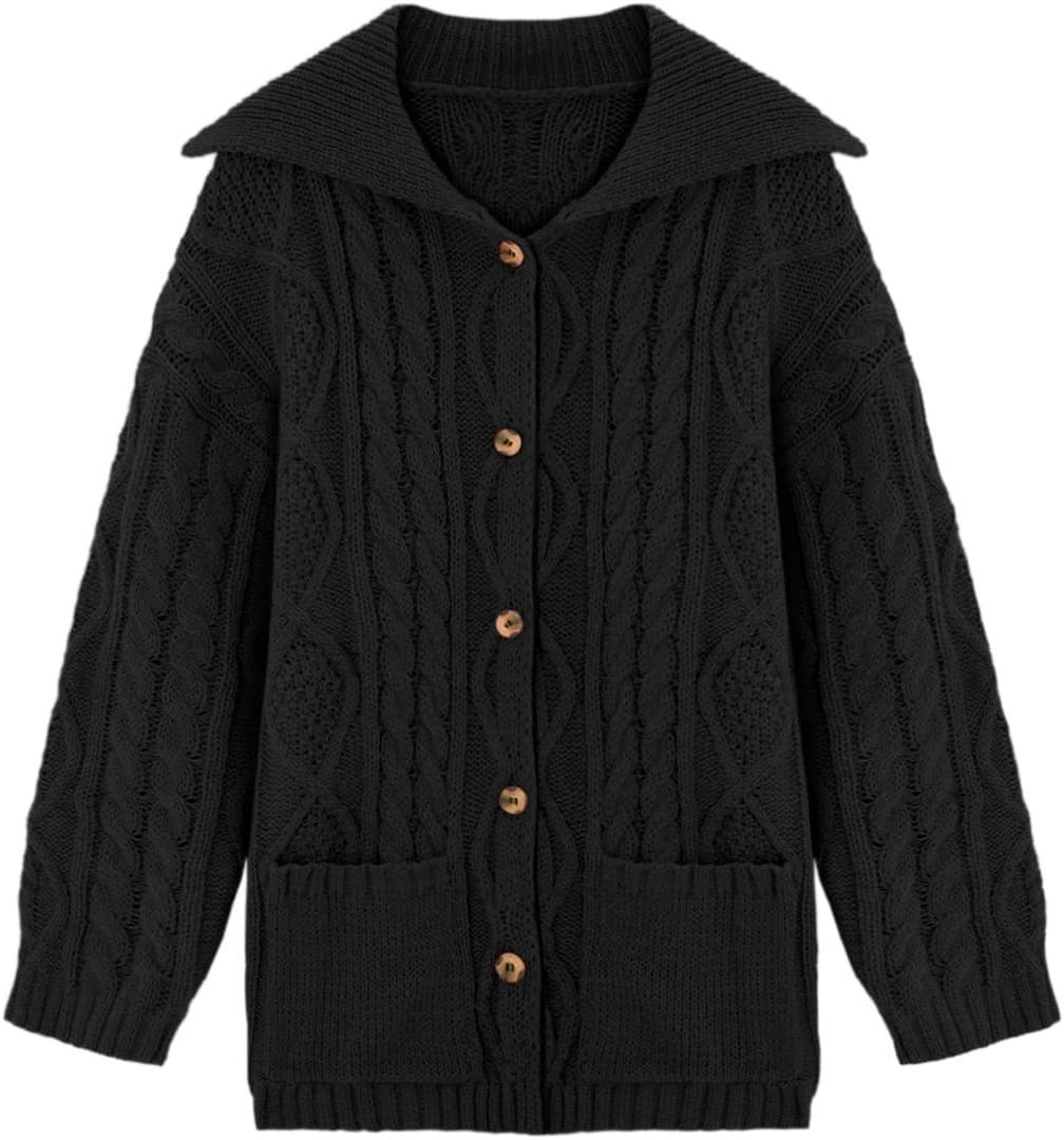 Saodimallsu Womens Cable Knit Cardigan Sweaters Fall Oversized Long Sleeve Button Open Front Knit Sweater Coats (Black)