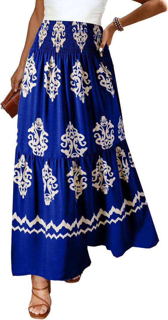 Happy Sailed Boho Long Skirts for Women Fashion Floral Print High Waisted A Line Flowy Maxi Skirt for Beach Vacation (Blue, L)