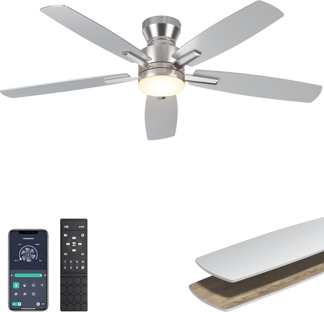 Ohniyou Ceiling Fans with Lights, 52'' Low Profile Ceiling Fan with Light and Remote/APP Control, Modern Flush Mount Ceiling Fan for Indoor Bedroom Living Room, Dimmable, Qiuet DC Motor, Silver